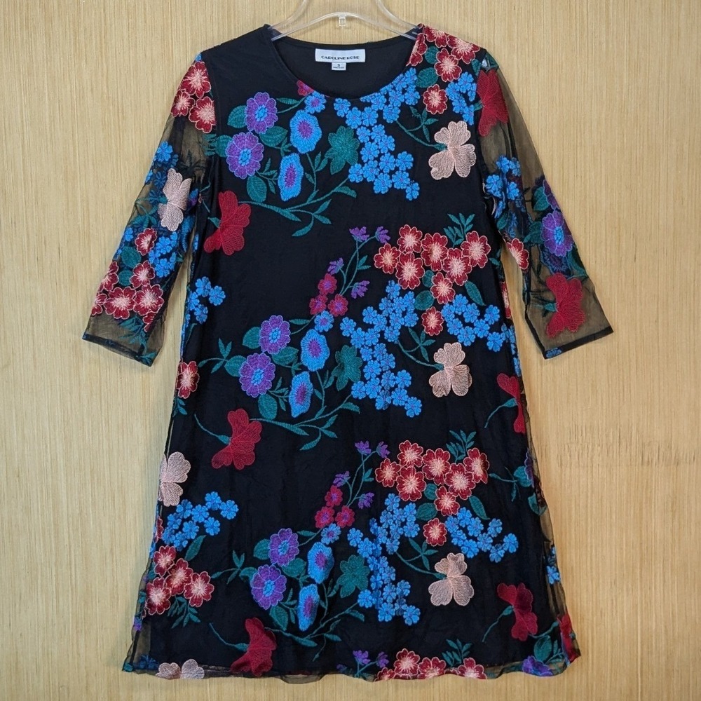 Caroline Rose Floral Embroidered Mesh Sheer Dress Womens Small Garden Fairy Chic